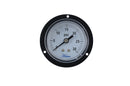 2" black steel with front flange general service pressure gauge with a plastic lens. Center back mount, 1/4" npt or 1/8" NPT, and a variety of pressure ranges. Front view of general service pressure gauge 0-30 psi