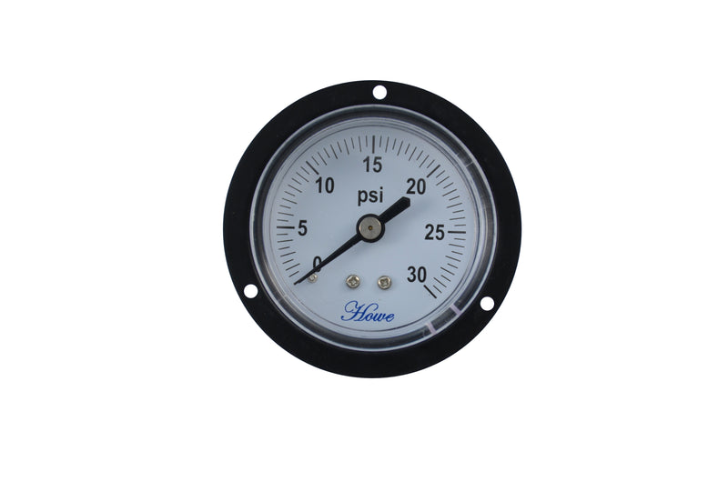 2" black steel with front flange general service pressure gauge with a plastic lens. Center back mount, 1/4" npt or 1/8" NPT, and a variety of pressure ranges. Front view of general service pressure gauge 0-30 psi