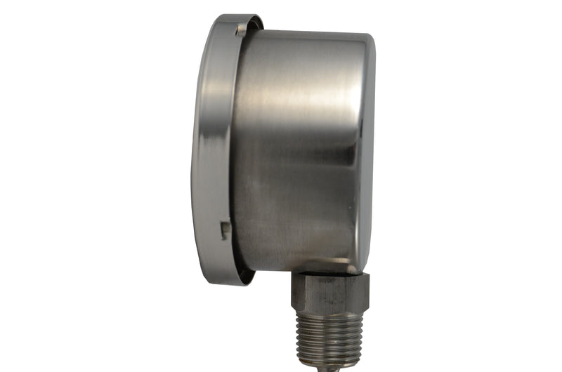 3" stainless steel bimetal thermometer with polycarbonate lens. Bottom mount. 1/2" npt, 1/4" stem diameter, and 14" stem length.  Dual Scale 50°-500°F / 10°-260°C  Features: External Recalibration Screw. Side view of the thermometer