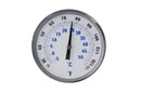 2" stainless steel bimetal thermometer with polycarbonate lens. Unthreaded, center back mount, and 1/4" npt with a 8" or 11" stem. Dual scale 25°-125°F / -5°-50°C front view of thermometer