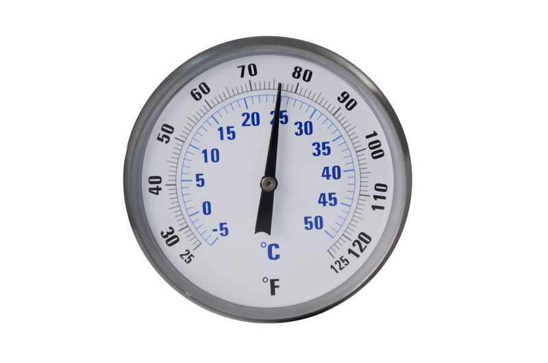 2" stainless steel bimetal thermometer with polycarbonate lens. Unthreaded, center back mount, and 1/4" npt with a 8" or 11" stem. Dual scale 25°-125°F / -5°-50°C front view of thermometer