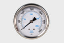 2.5" Industrial Pressure Gauge dry or liquid filled, stainless steel with polycarbonate lens, brass wetted parts, center back or bottom low, 1/4" npt with restrictor. Dial face of 0-3000psi/BAR/kPA