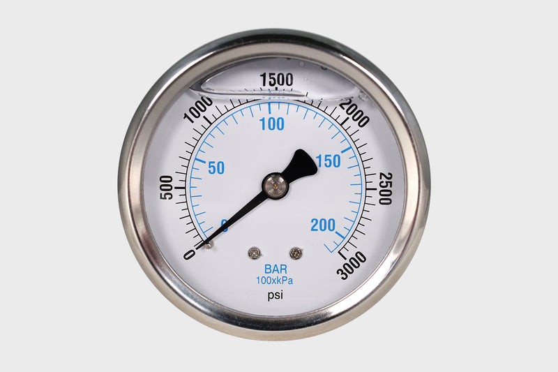 2.5" Industrial Pressure Gauge dry or liquid filled, stainless steel with polycarbonate lens, brass wetted parts, center back or bottom low, 1/4" npt with restrictor. Dial face of 0-3000psi/BAR/kPA