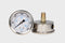 2.5" liquid filled Industrial Pressure Gauge, stainless steel case with polycarbonate lens, brass wetted parts, center back 1/4" npt with restrictor. Front and side view of 0-3000 psi/0-200 Bar/kPa