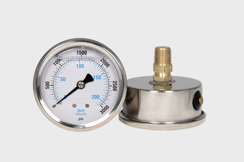 2.5" liquid filled Industrial Pressure Gauge, stainless steel case with polycarbonate lens, brass wetted parts, center back 1/4" npt with restrictor. Front and side view of 0-3000 psi/0-200 Bar/kPa