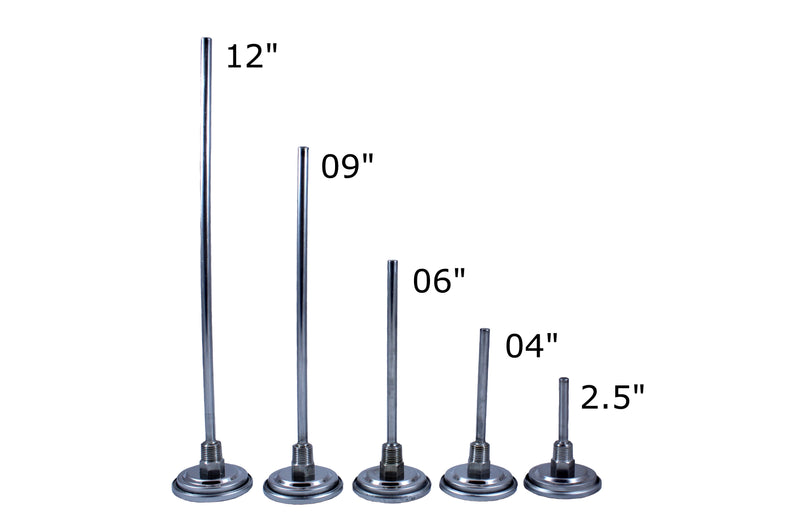 3" stainless steel bimetal thermometer with a polycarbonate lens. Varied mounting types, stem length, and temperature ranges. 1/2" npt connection and 1/4" stem diameter. Side view of bimetal thermometer