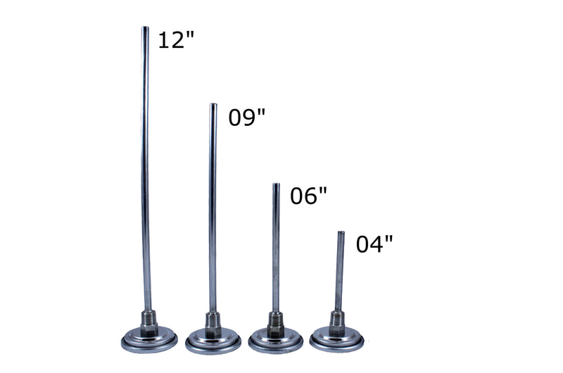 Side view of bimetal thermometer stem lengths: 12", 9", 6" and 4"