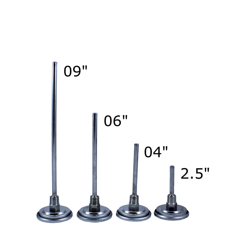 2" stainless steel bimetal thermometer with polycarbonate lens. Center back mount, 1/4" npt, 1/4" stem diameter. Varied stem lengths and temperatures. Side view of bimetal thermometer stem lengths 9", 6", 4", 2.5"